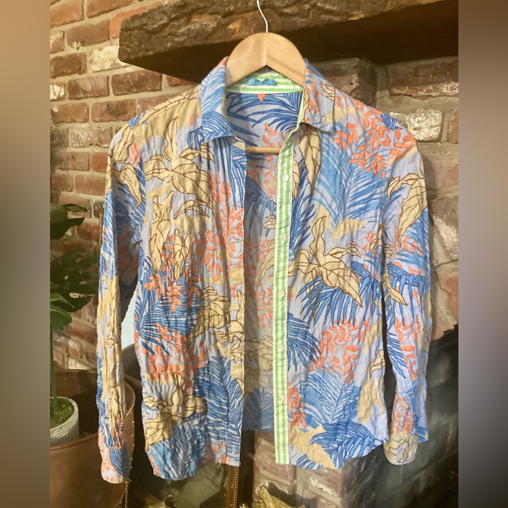 J. McLaughlin Tropical Print Button-Down Shirt in Blue & Orange Resort Luxury - Picture 4 of 16